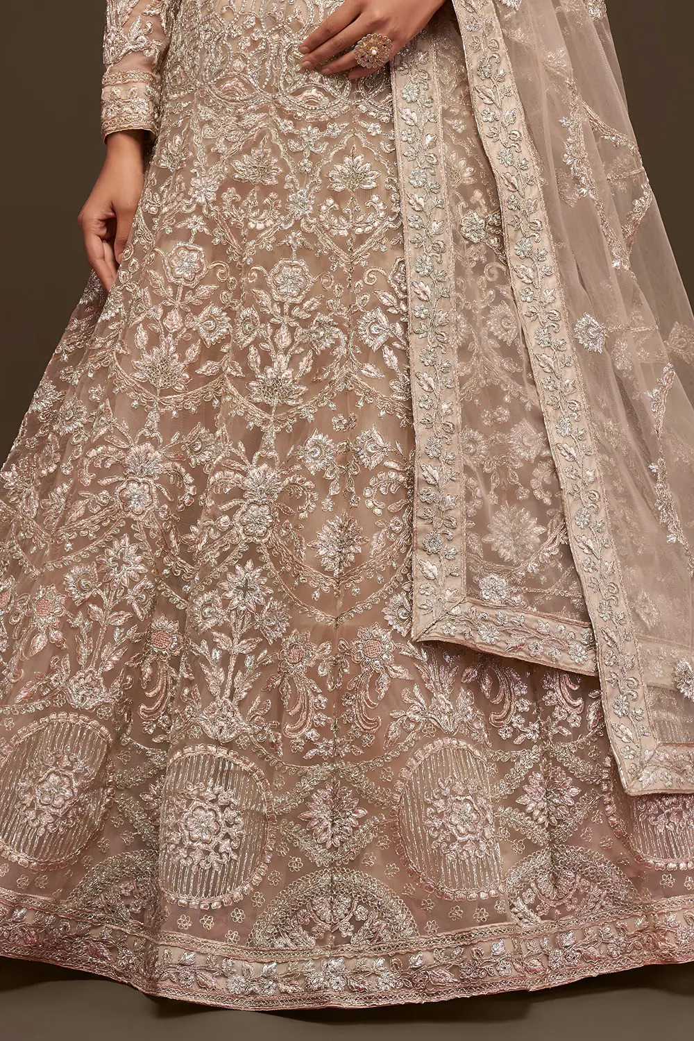 Soft net dupatta with zari and glitter dori work in warm beige