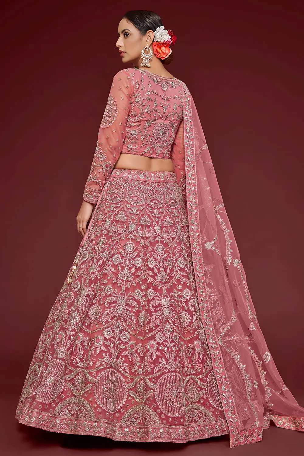 Badla and glitter dori embroidery on barbie pink net lehenga skirt