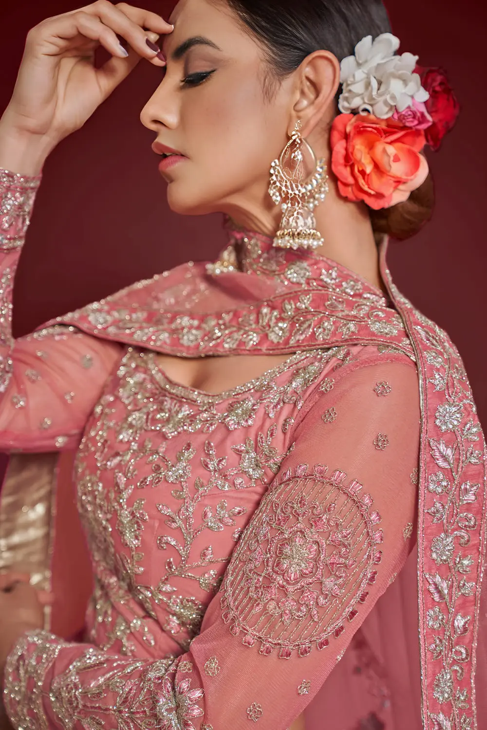 Soft net blouse with thread, zari and badla embroidery in barbie pink