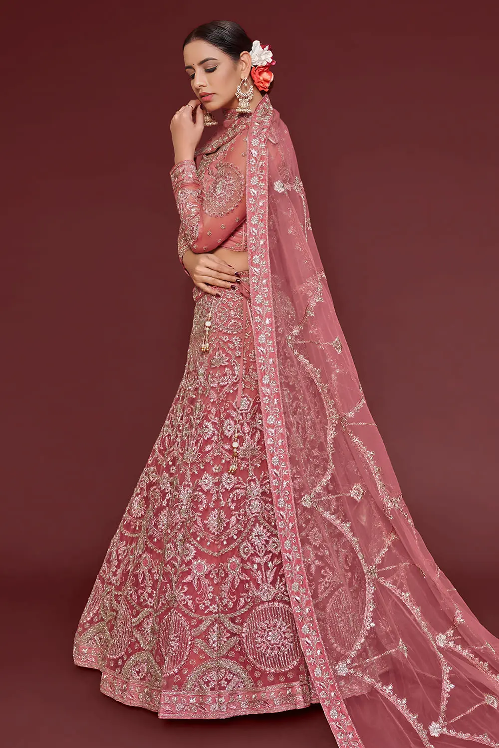 Soft net dupatta with zari and glitter dori work in barbie pink
