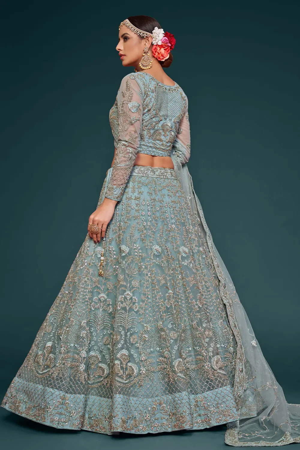 Badla and glitter dori embroidery on sky blue net lehenga skirt