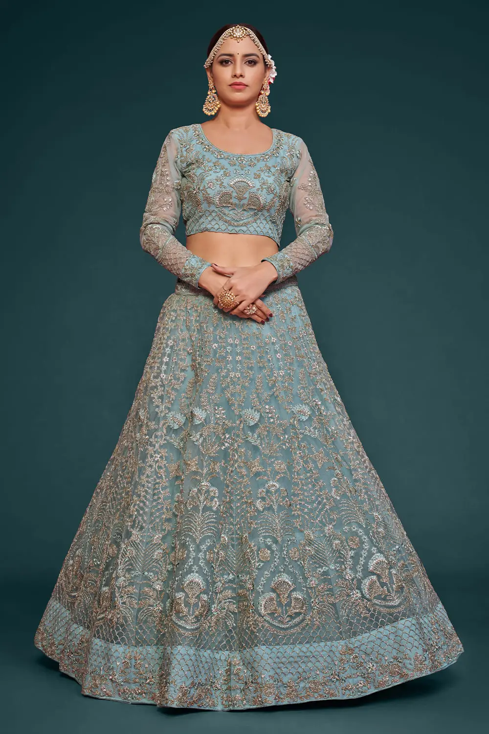 Soft net dupatta with zari and glitter dori work in soft sky blue