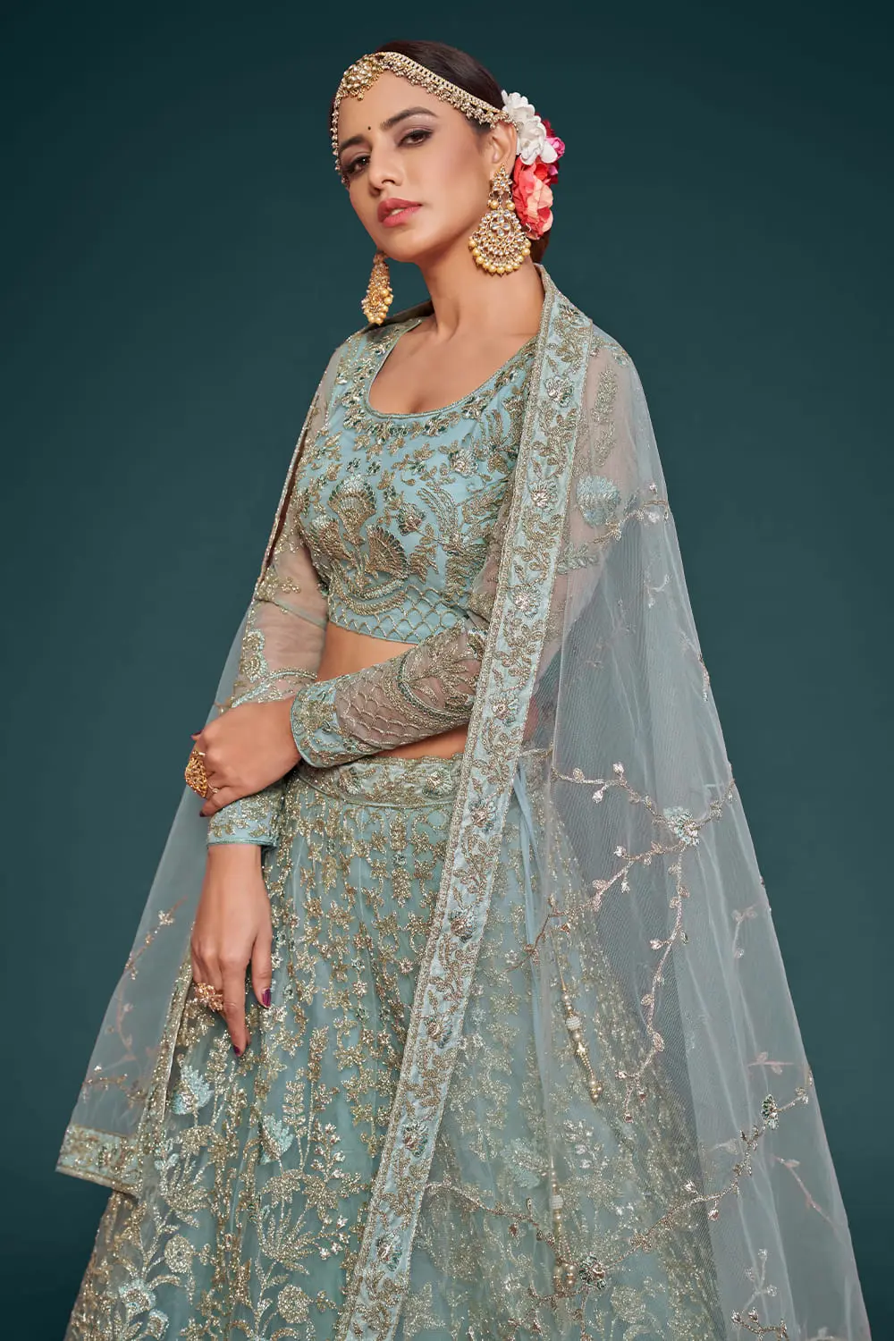 Soft net blouse with thread, zari and badla embroidery in sky blue