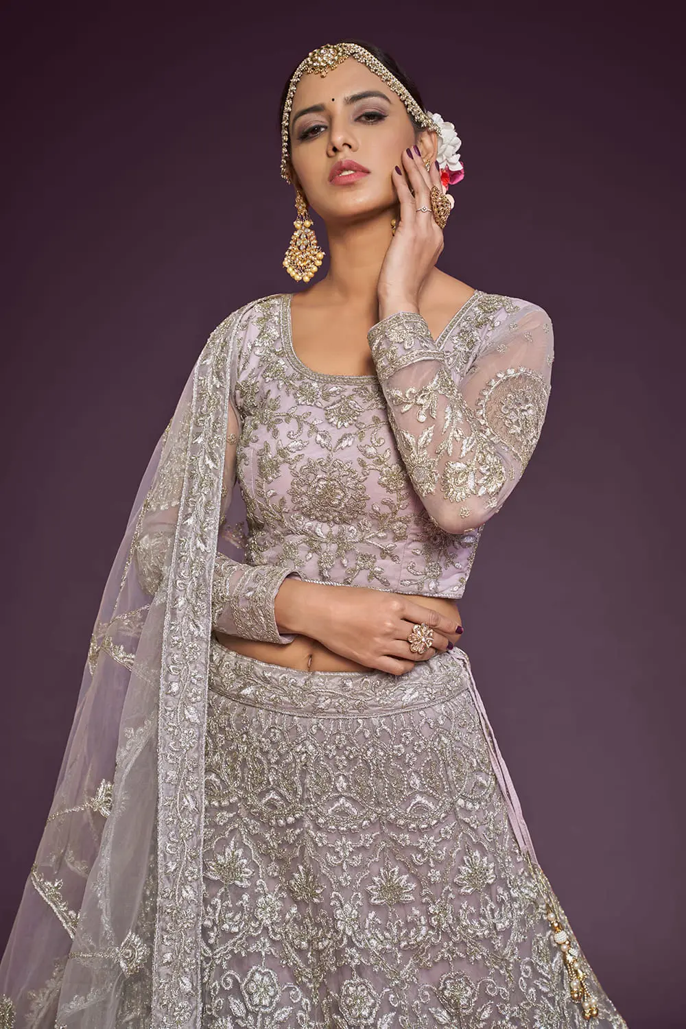 Soft net blouse with thread, zari and badla embroidery in lavender