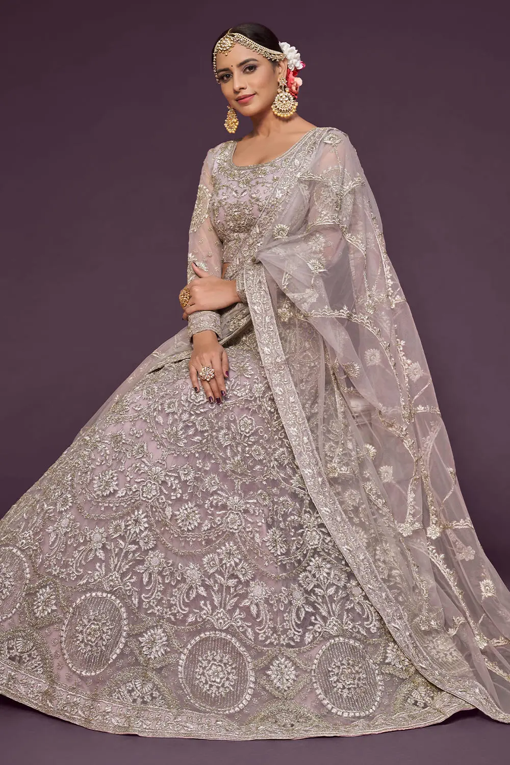 Soft net dupatta with zari and glitter dori work in soft lavender
