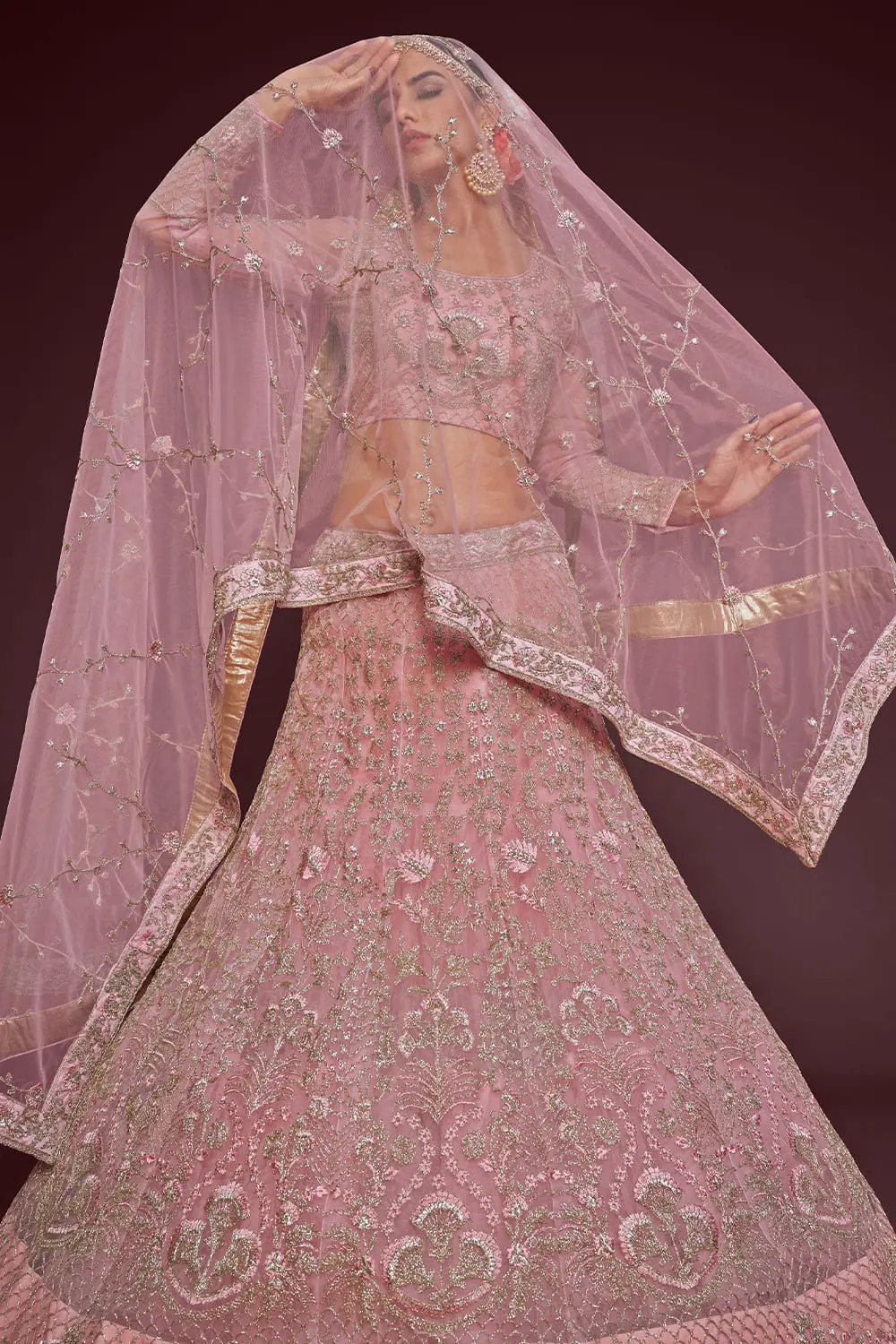 Soft net dupatta with zari and glitter dori shimmer in rose gold