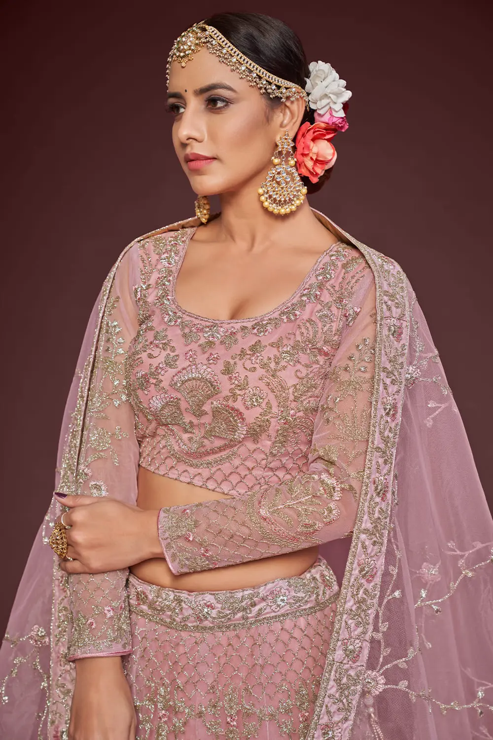 Soft net blouse with thread, zari and badla embroidery in rose gold