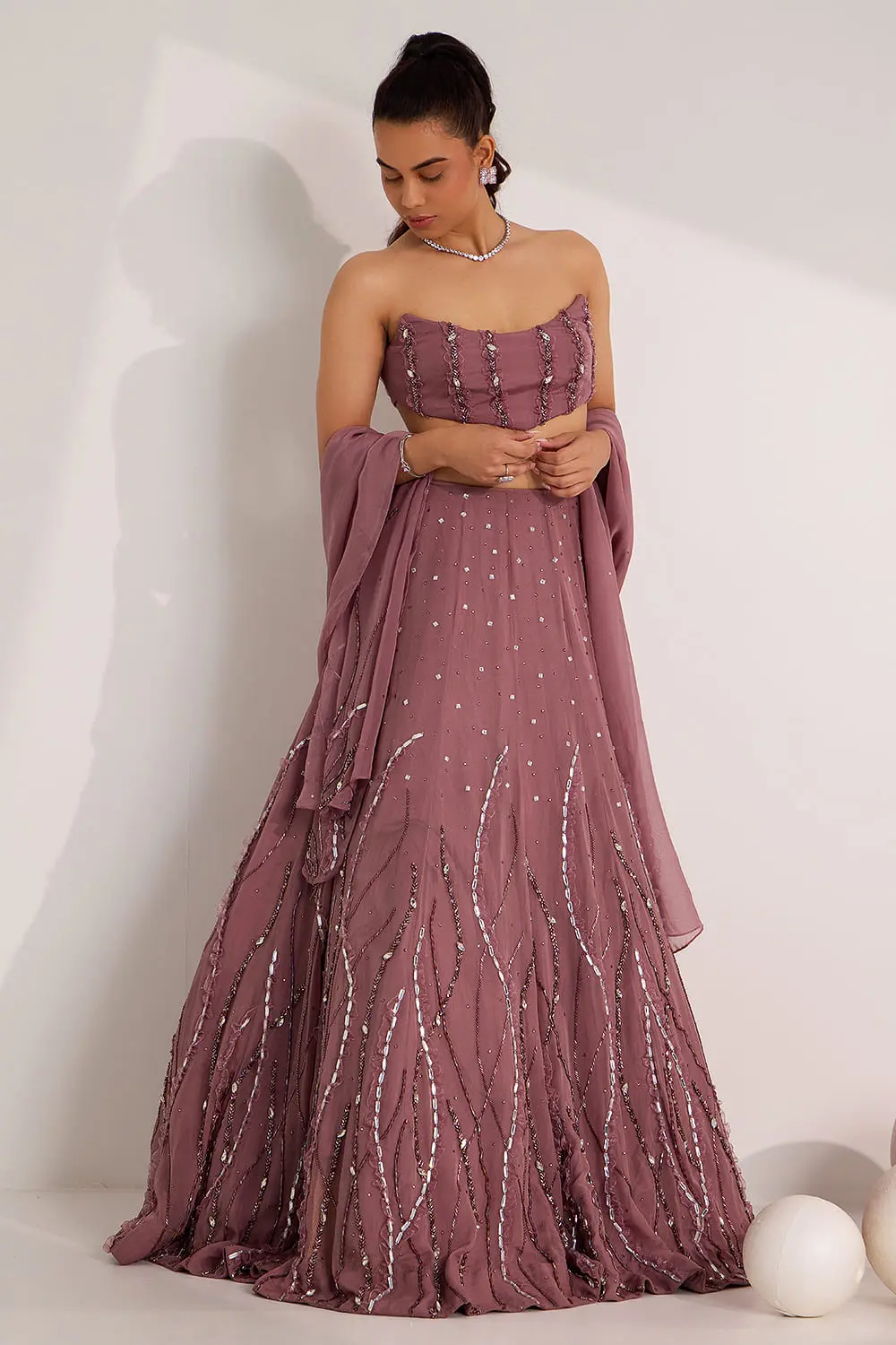 Mauve designer organza lehenga set with shimmer embroidery full view