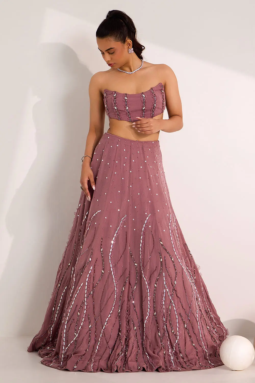 Mauve organza lehenga choli for women with mix media embroidery by Khaish