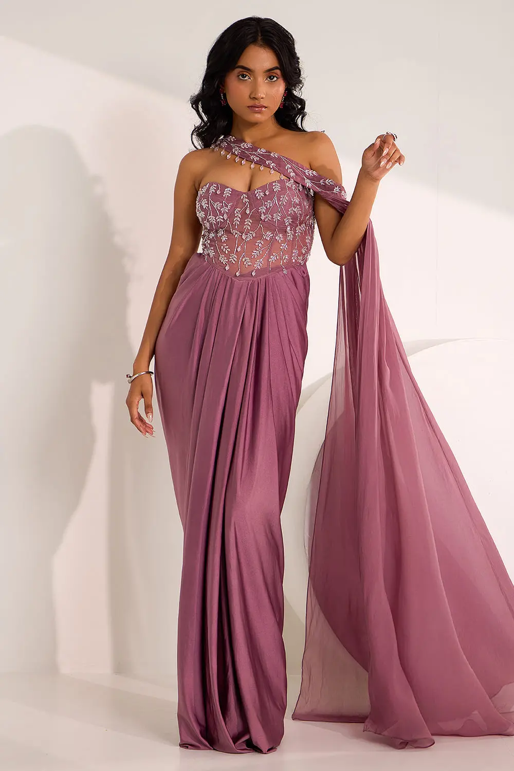 Mauve corset saree gown for party in organza with crystal embroidery by Khaish
