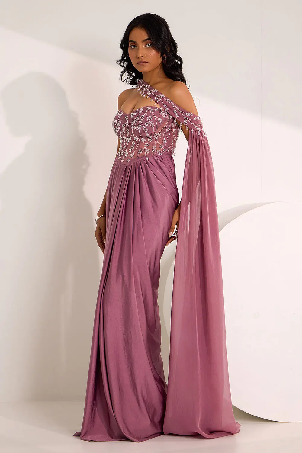 Mauve corset saree gown with shoulder drape and cut dana work full view