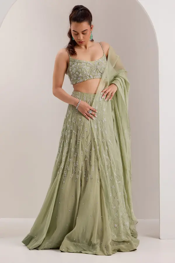 Mint green organza lehenga choli with crystal and cut dana embroidery by Khaish