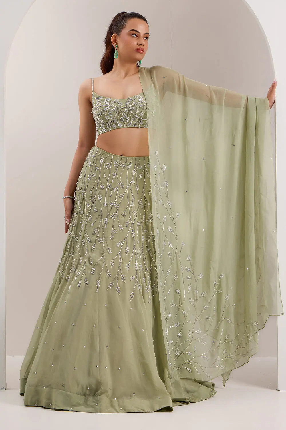 Mint green designer organza lehenga set with crystal work full view