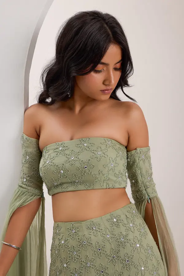 Crystal jaal embroidered mint green fishtail mermaid lehenga