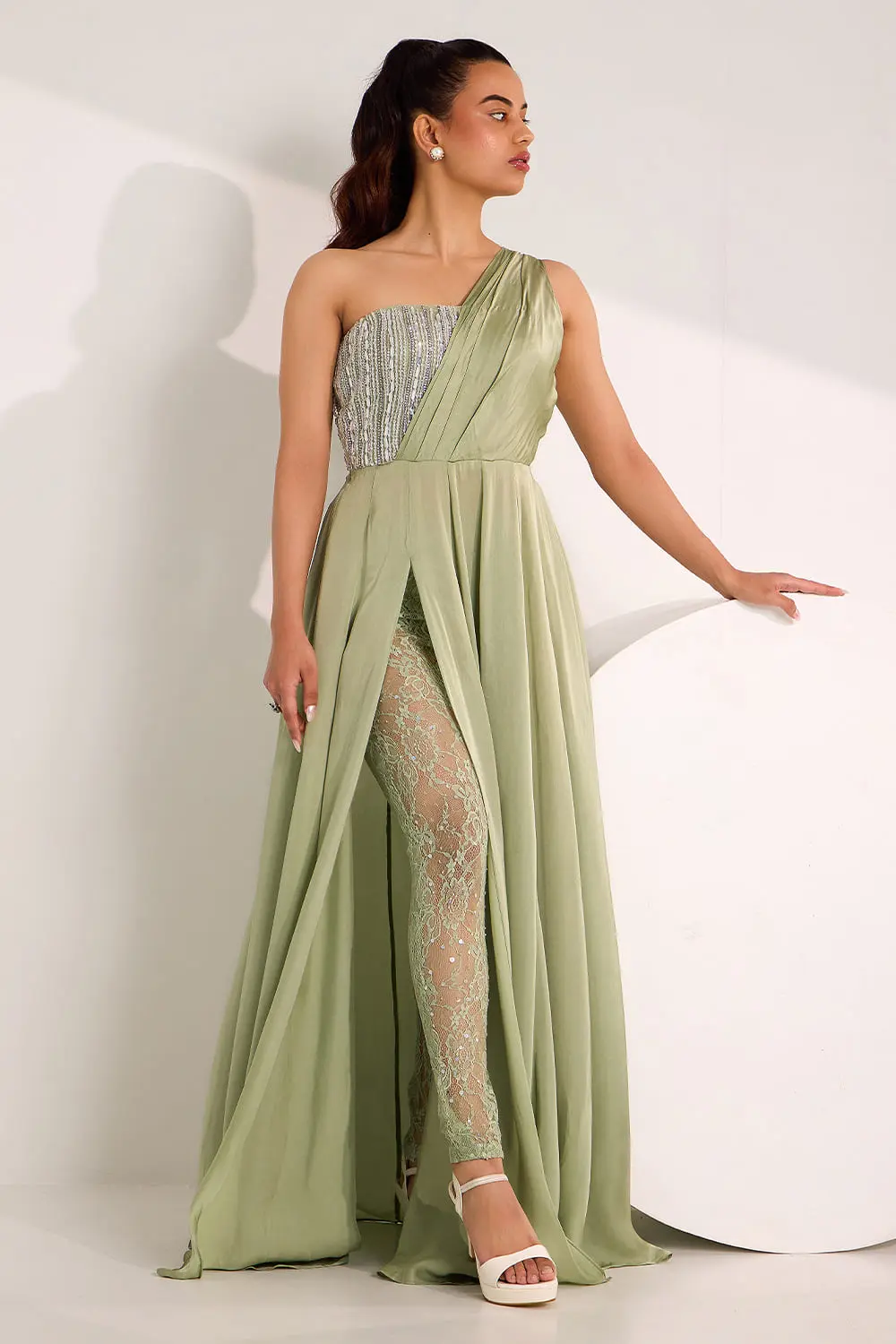 Mint green one shoulder high slit gown with mix media embroidery full view
