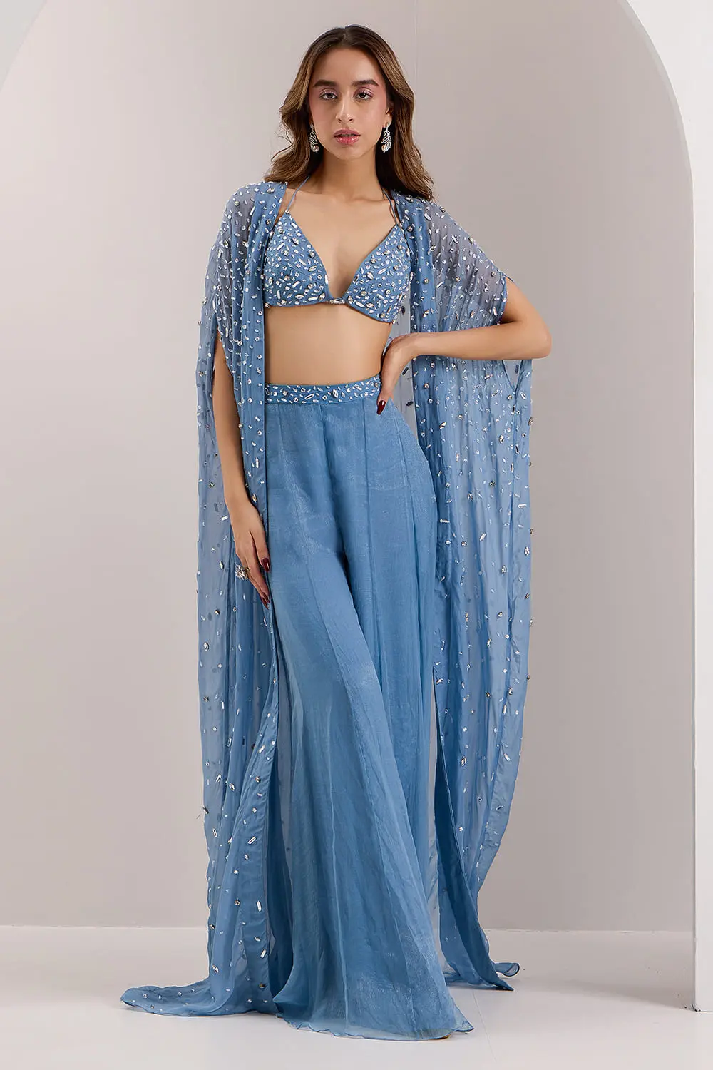Blue cape and palazzo set for party in organza with crystal embroidery by Khaish