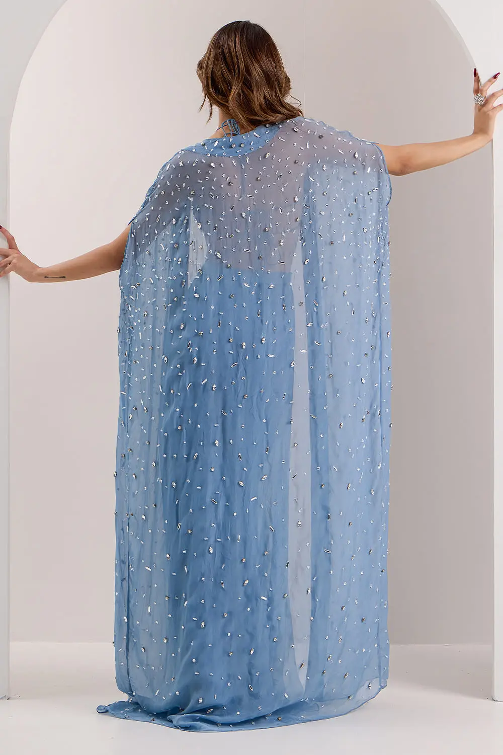 Mix crystal embroidered blue cape set with flowing palazzo