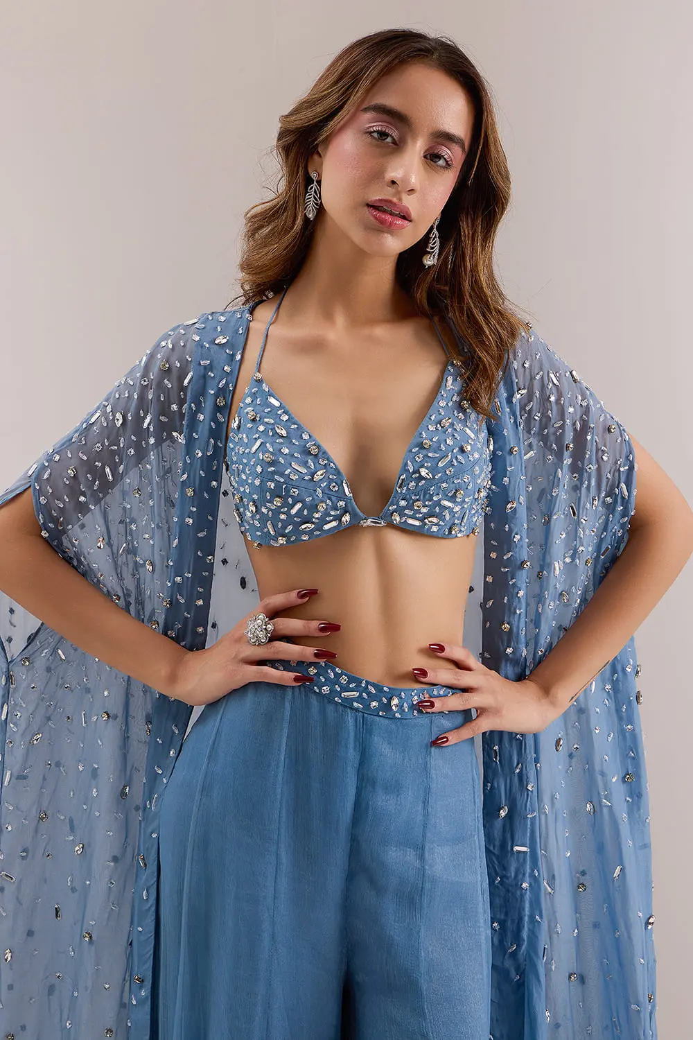 Blue floor length cape and palazzo set with crystal work full view