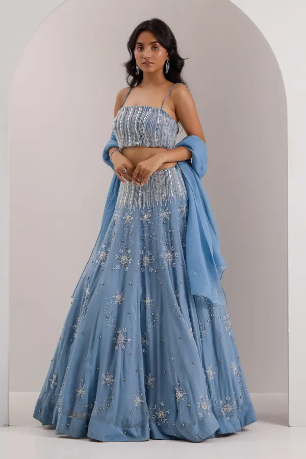 Blue organza lehenga with tube blouse and mix media embroidery by Khaish
