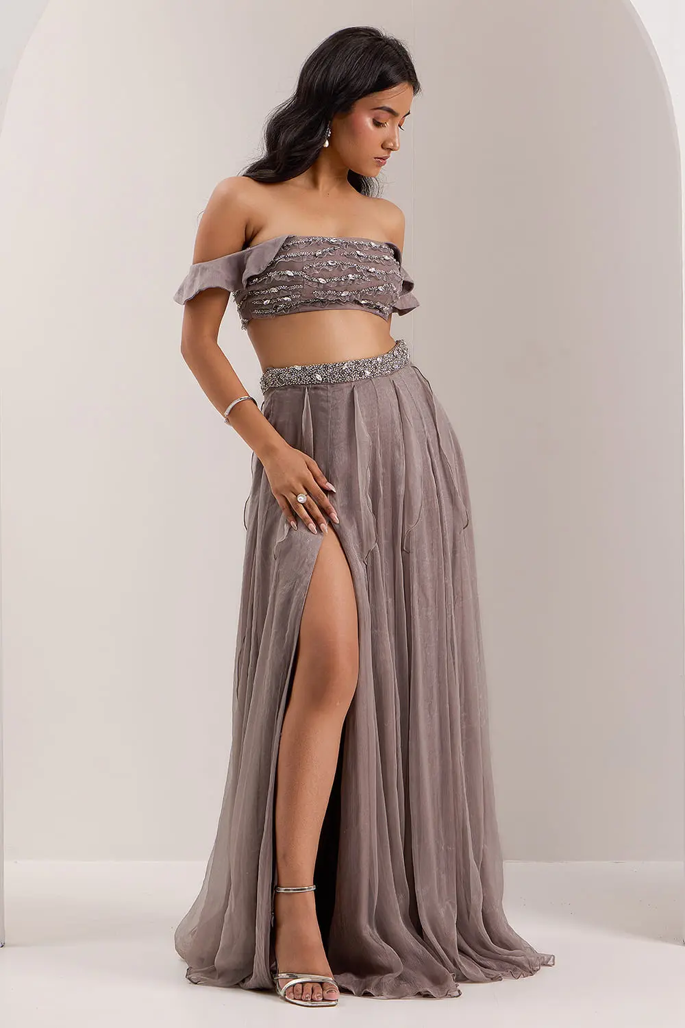 Grey off shoulder crystal blouse with frill high waisted slit skirt full view