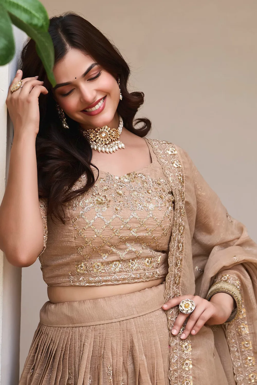 Heavy embroidered crunchy silk dupatta in golden beige