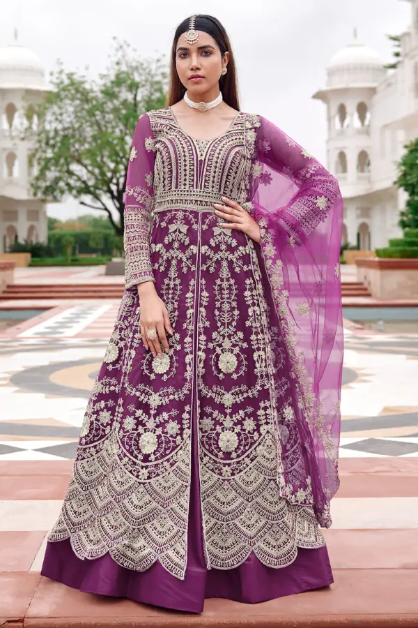 Purple anarkali suit for party in butterfly net with heavy embroidery by Khaish