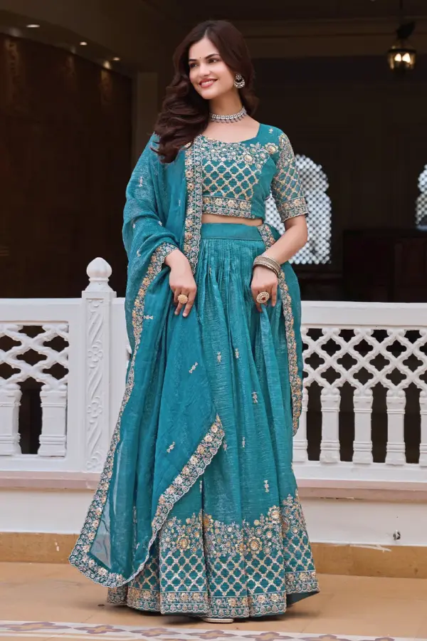 Teal blue silk lehenga choli online in heavy crunchy silk with embroidery by Khaish