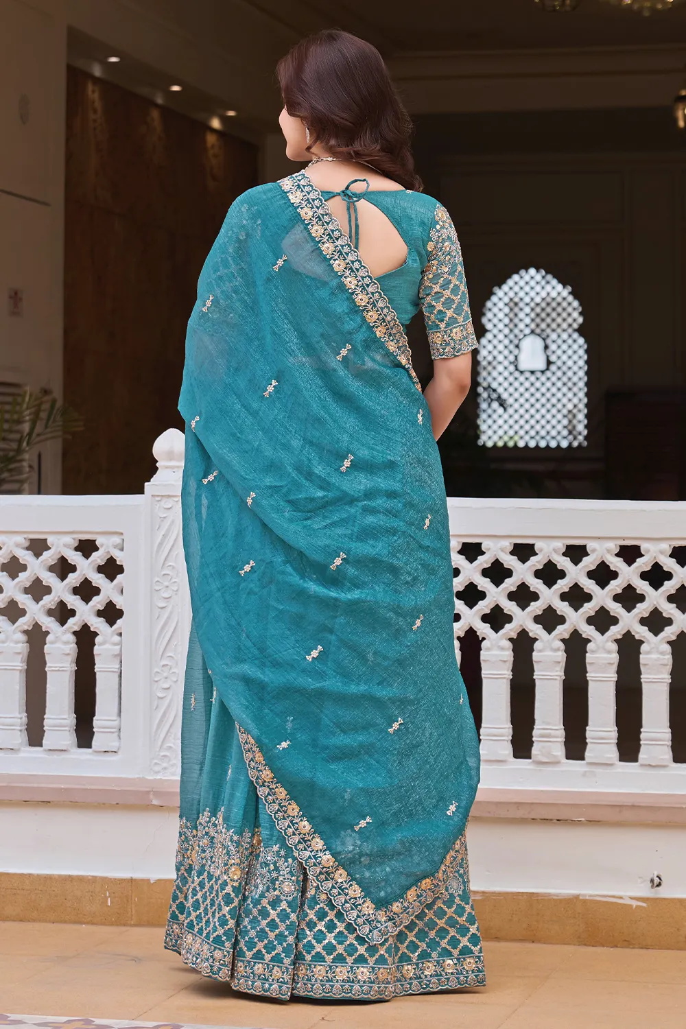 Heavy embroidered crunchy silk dupatta in teal blue