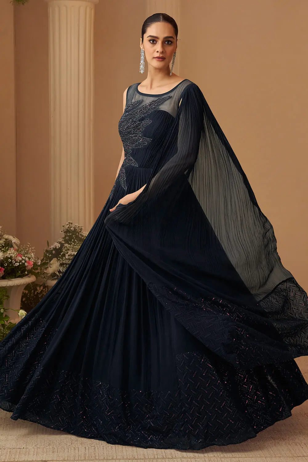 Purple Printed Embroidered Chinon Silk Cape Style Wedding Gown with Cancan Purple Printed Embroidered Chinon Silk Cape Style Wedding Gown with Cancan