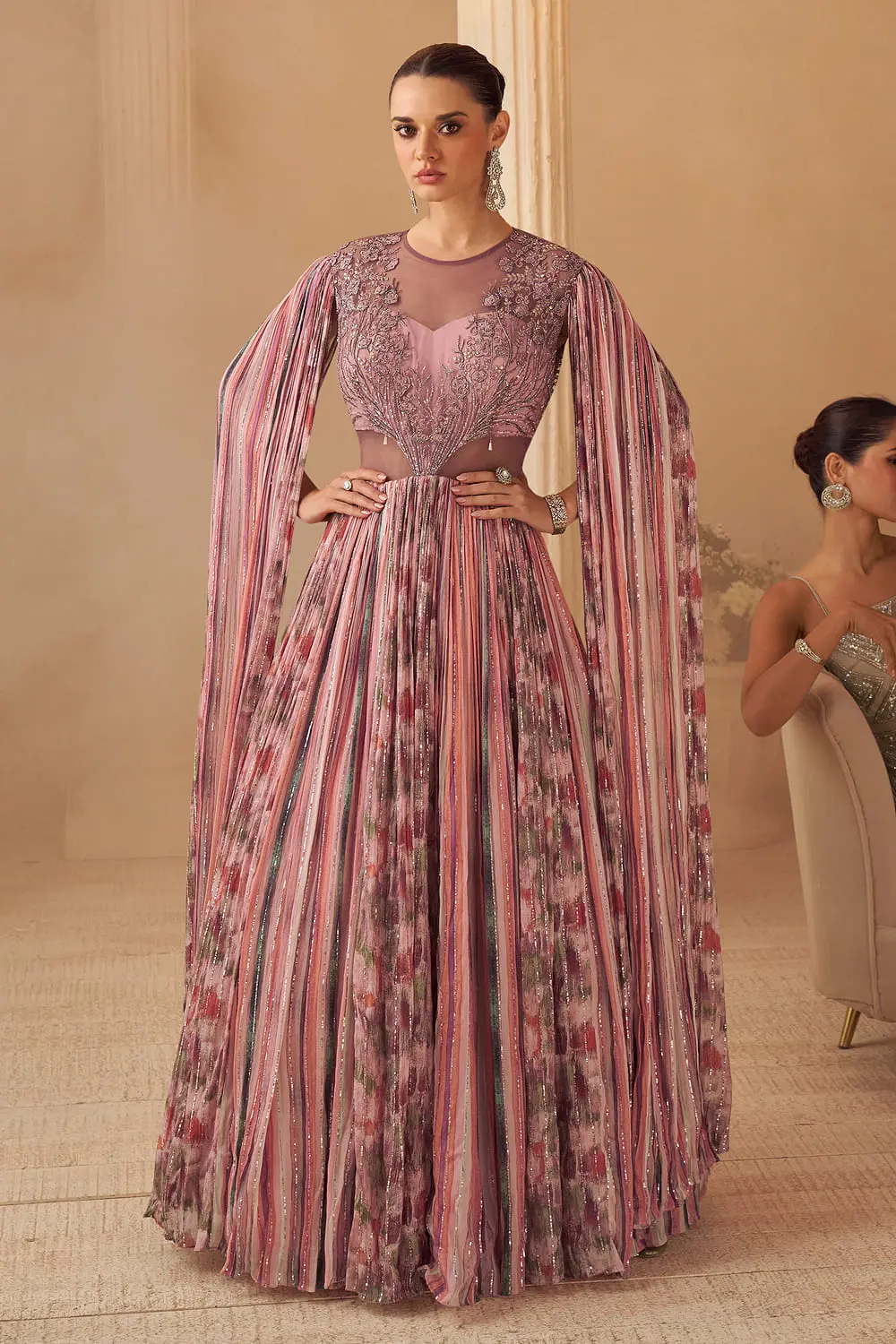 Rose Pink Printed Embroidered Chinon Silk Cape Style Wedding Gown with Cancan Rose Pink Printed Embroidered Chinon Silk Cape Style Wedding Gown with Cancan