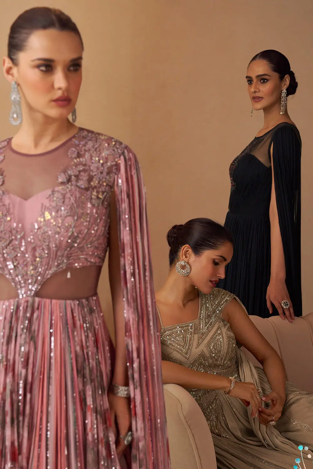 Rose pink, beige and purple cape style wedding gown colour options