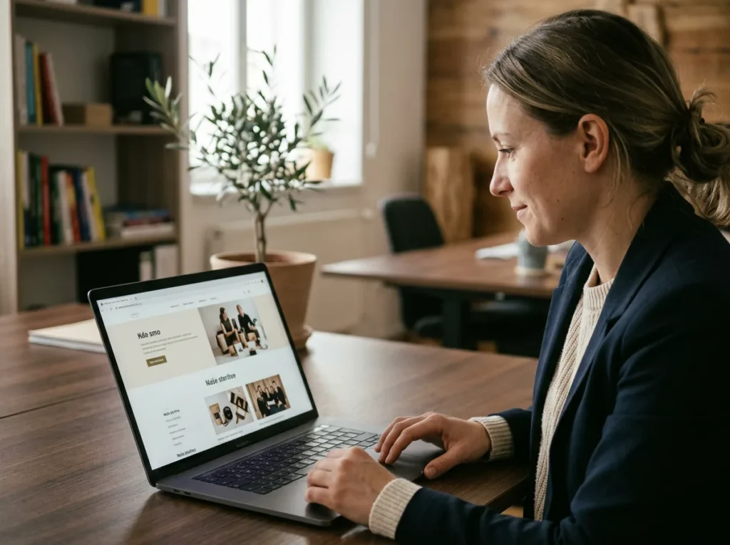 Elegantna pisarna s prenosnim računalnikom, ki prikazuje profesionalno spletno stran podjetja.