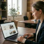 Elegantna pisarna s prenosnim računalnikom, ki prikazuje profesionalno spletno stran podjetja.