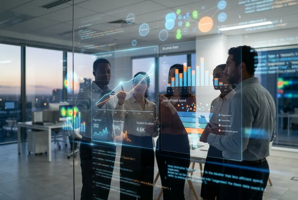 Abstrakten prikaz digitalnih podatkov in grafov, ki simbolizirajo analitiko spletne strani.