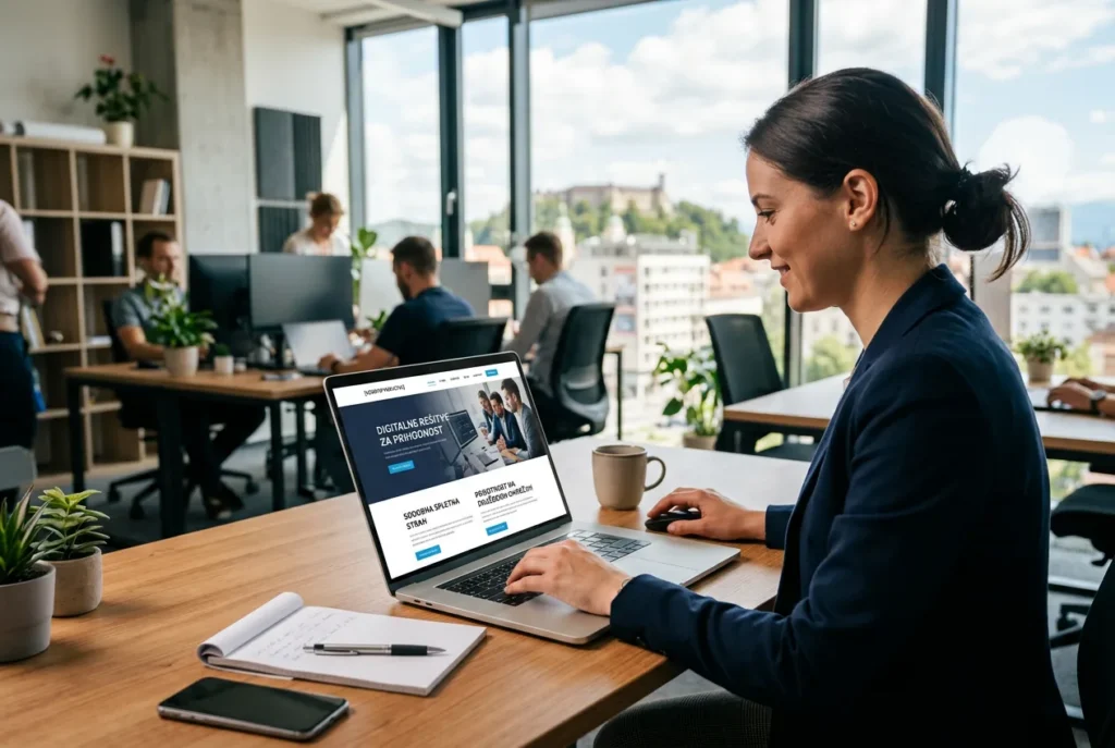 Sodobna in pregledna spletna stran podjetja na prenosnem računalniku v pisarni.