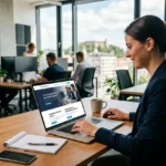 Sodobna in pregledna spletna stran podjetja na prenosnem računalniku v pisarni.