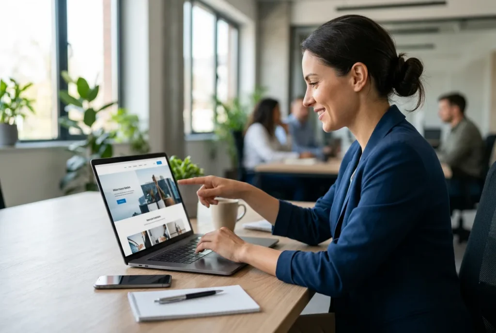 Sodobna in pregledna spletna stran podjetja na prenosnem računalniku v pisarniškem okolju