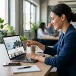 Sodobna in pregledna spletna stran podjetja na prenosnem računalniku v pisarniškem okolju