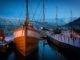 brown and white docked boat on body of water