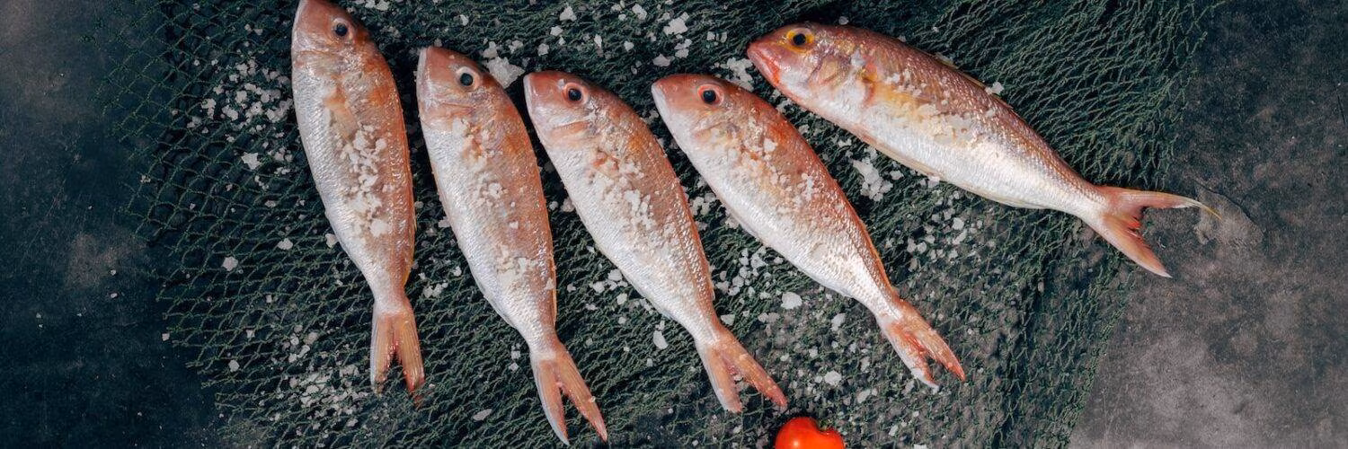 five fish between tomatoes on black net
