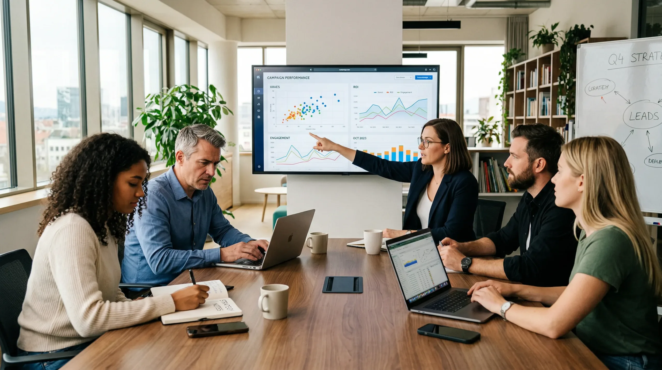 Ekipa strokovnjakov v marketinški agenciji analizira podatke kampanje