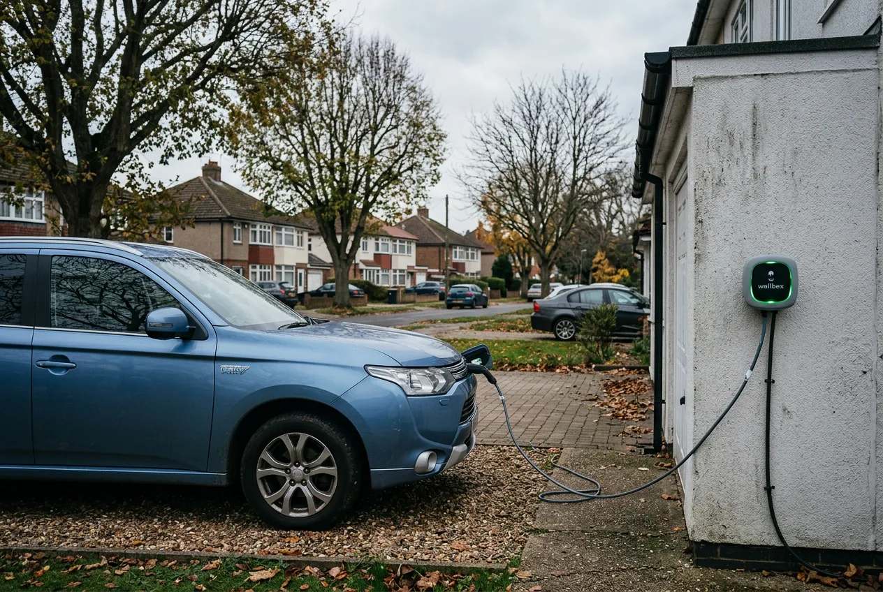 Priključni hibrid priklopljen na polnilno postajo na domačem dovozu v oblačnem vremenu