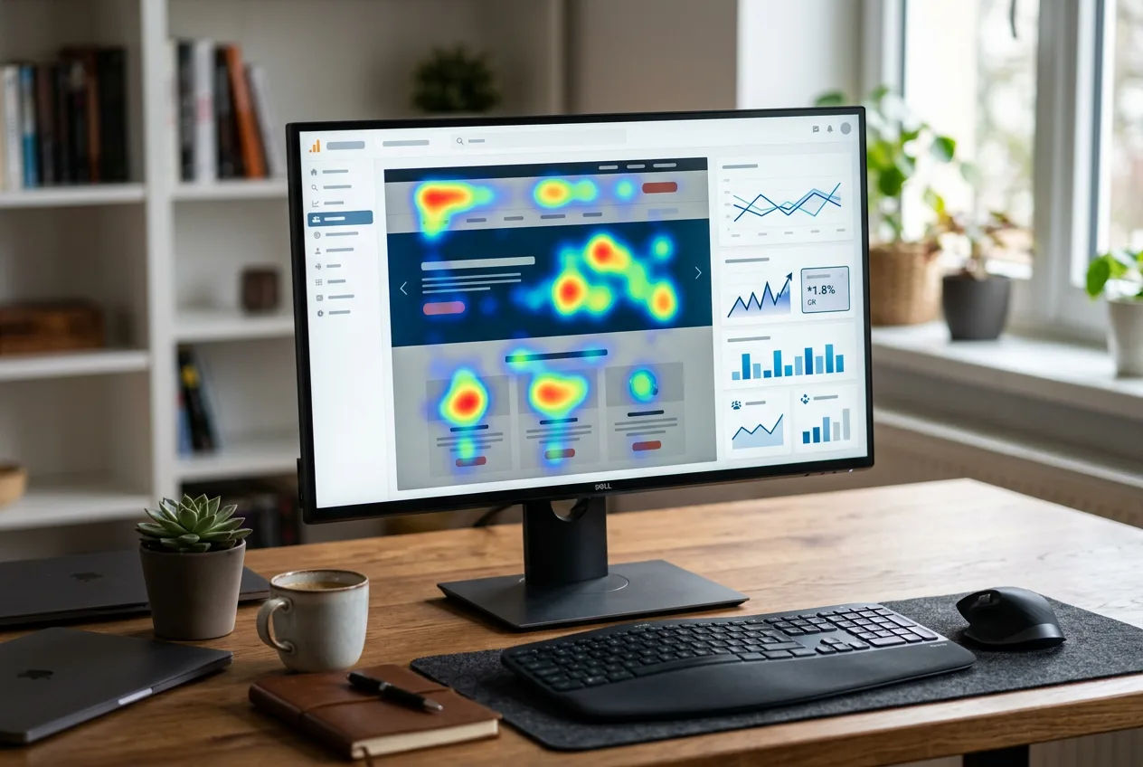 Analiza spletne strani na računalniškem zaslonu s prikazom toplotnih map in stopnje konverzije.