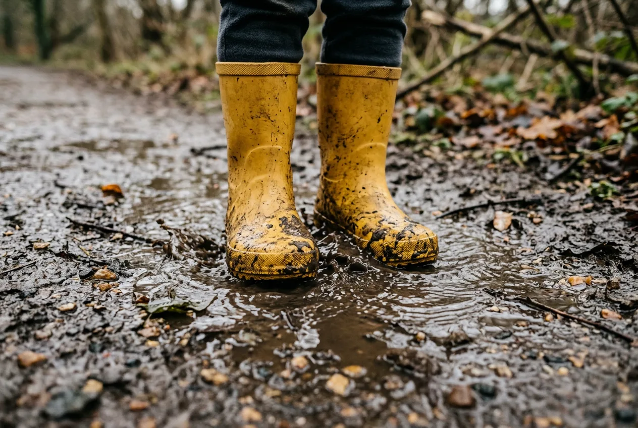 Majhen otrok v rumenih gumijastih škornjih in nepremočljivih oblačilih veselo skače po veliki blatni luži v parku.