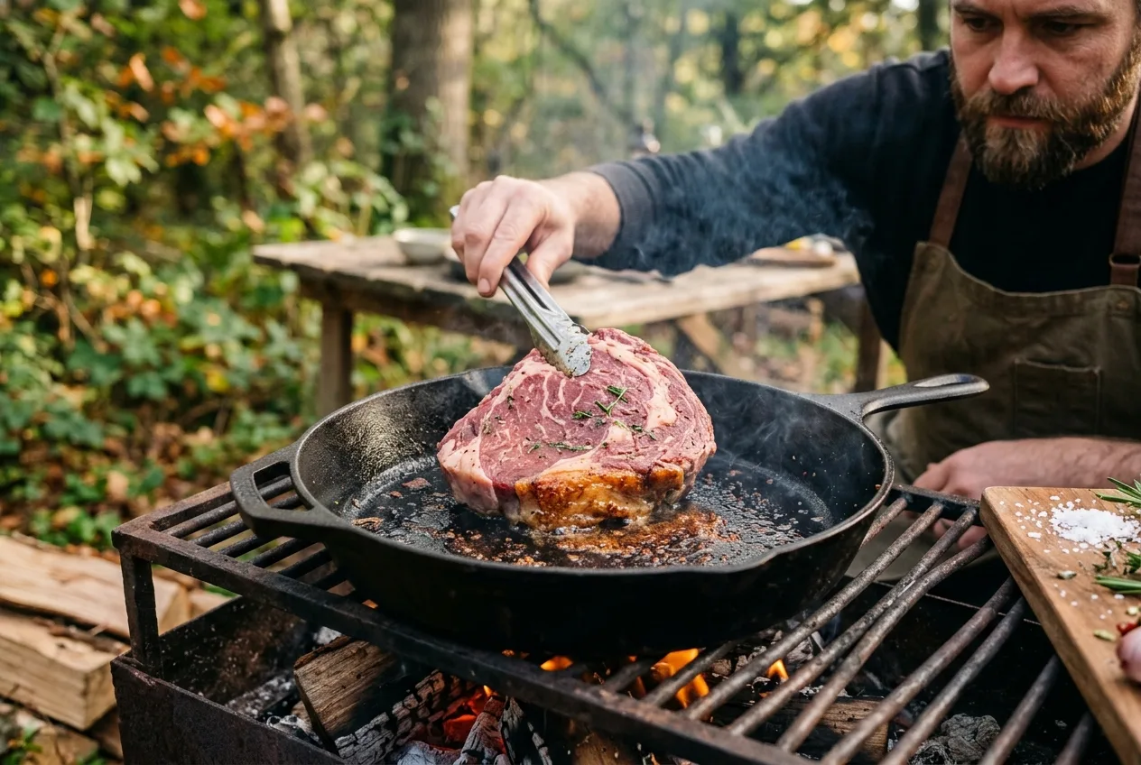 Surov zrezek v vroči litoželezni ponvi med peko z zlatorjavo skorjo