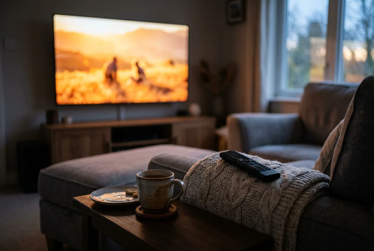 Oseba v udobnem naslanjaču pred televizorjem v zatemnjeni dnevni sobi