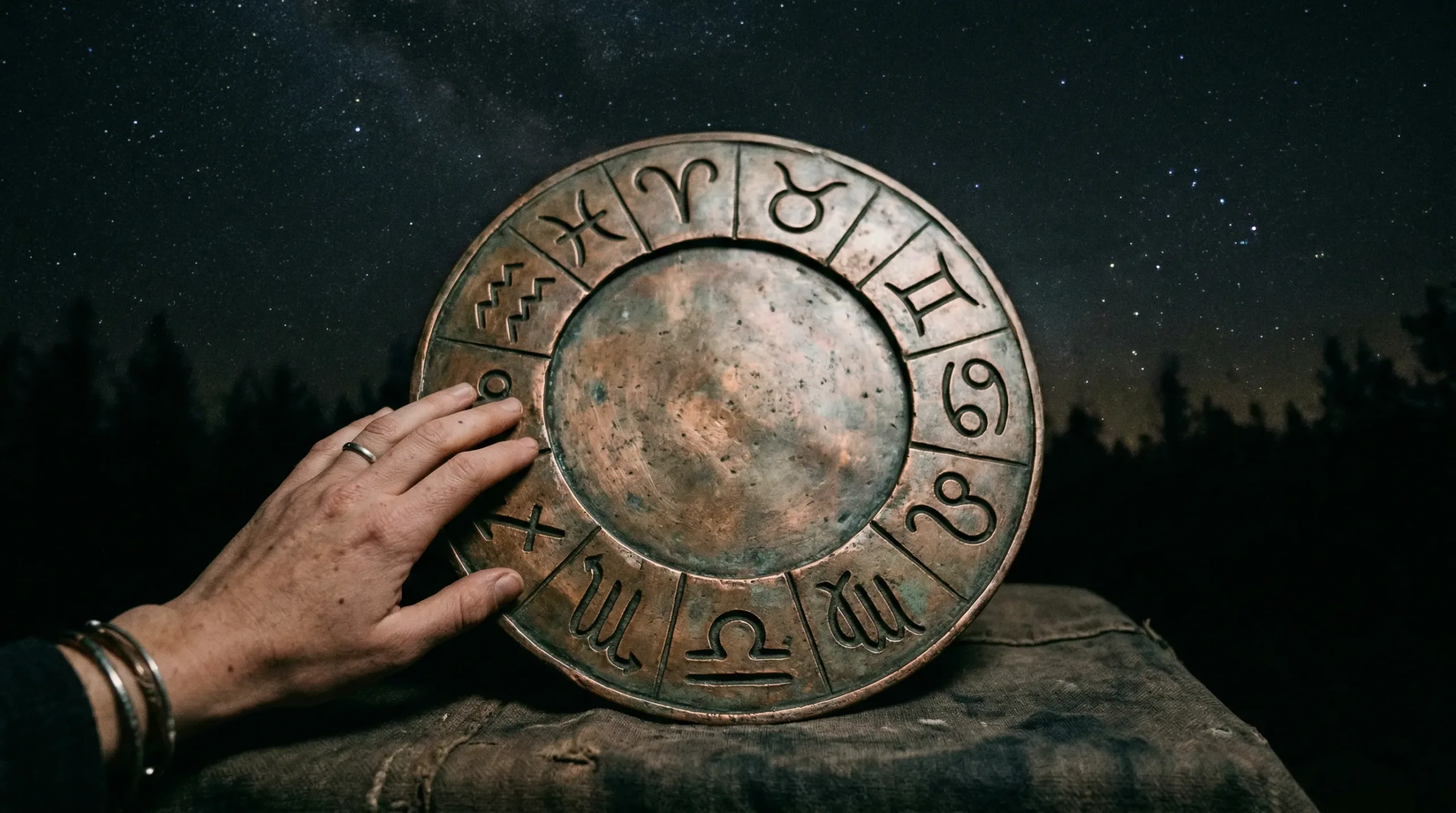 Simboli zodiakalnih znamenj v krogu na mističnem zvezdnem ozadju