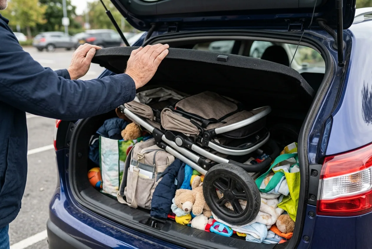 Premajhen prtljažnik osebnega avtomobila, poln otroške opreme in vozička