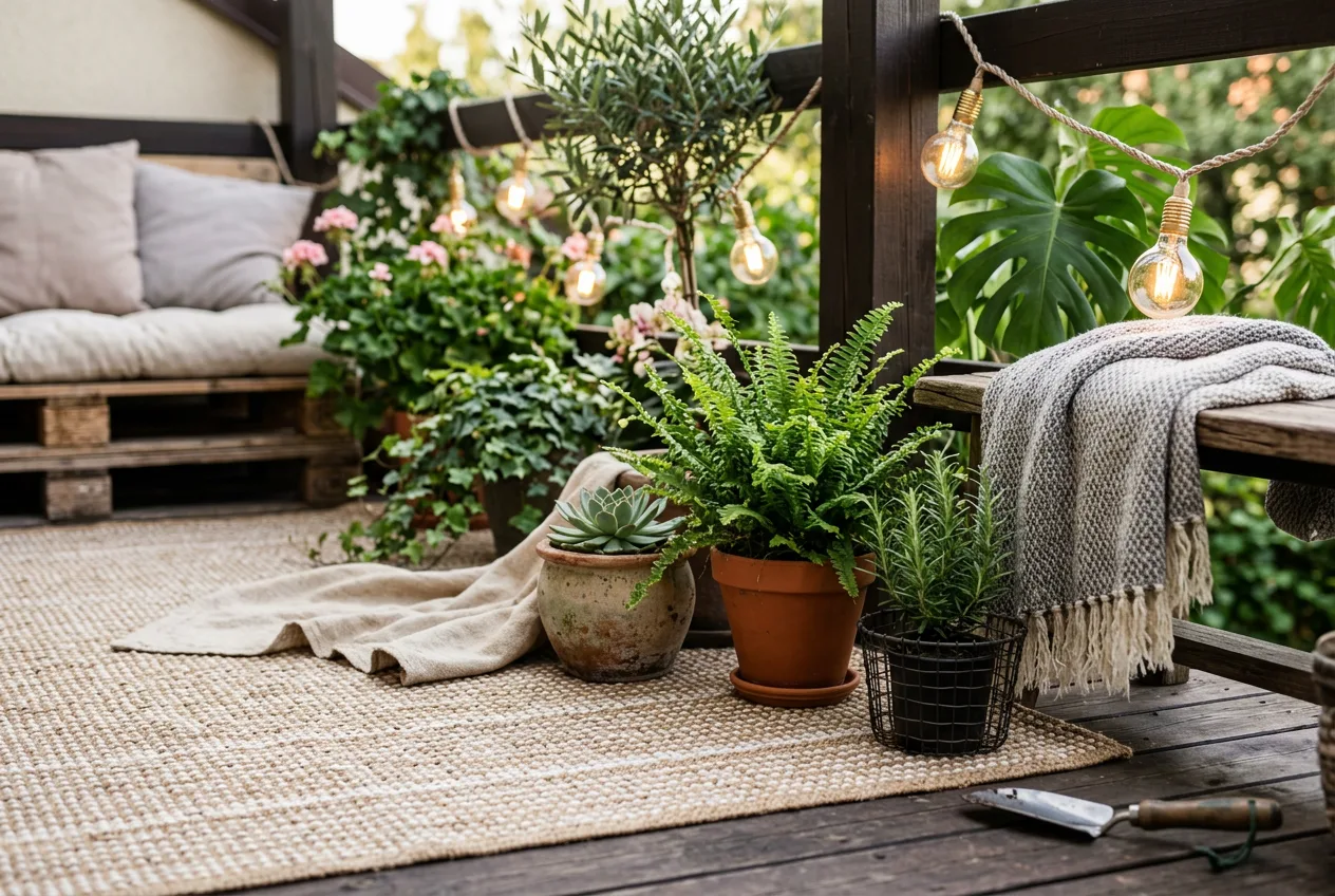 Sodobno urejena terasa z vrvicami lučk, zunanjo preprogo in veliko zelenimi rastlinami v loncih.