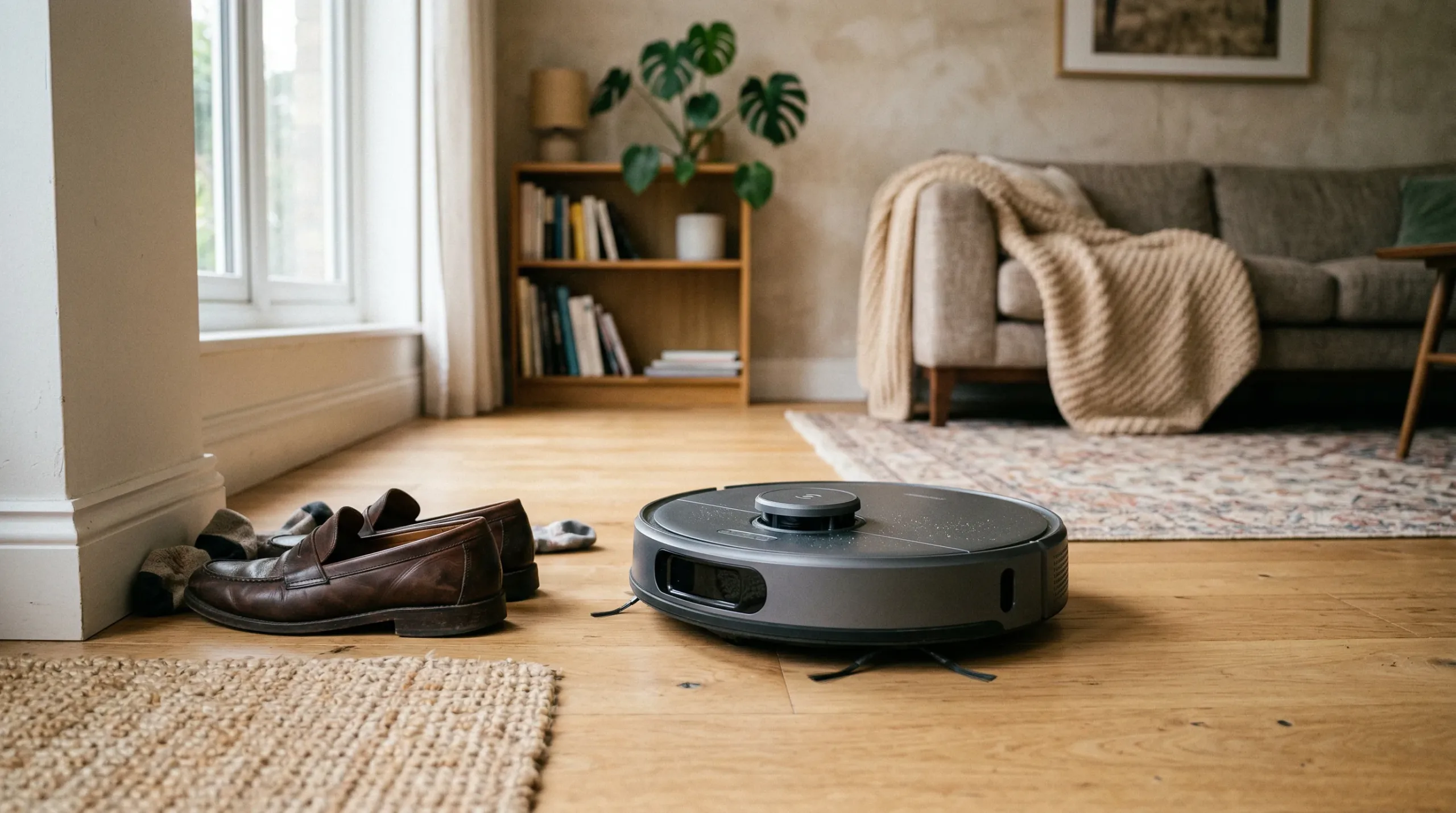 Sodoben robotski sesalnik z laserskim senzorjem, ki se spretno izogiba čevljem na tleh dnevne sobe.